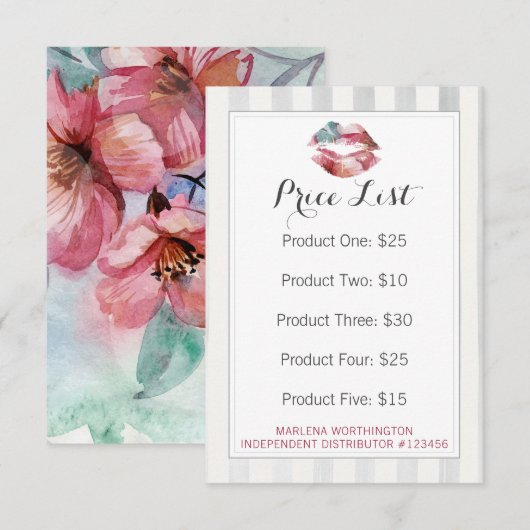 Prijslijst Lippenstift Distributeur Waterverfkaart (Voorkant / Achterkant)