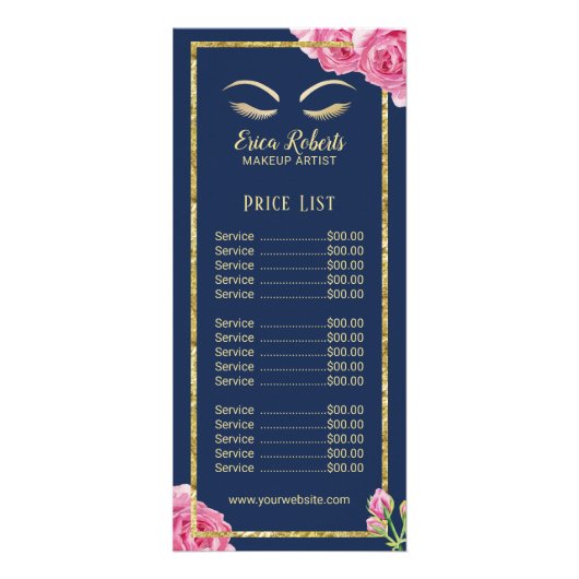 Prijslijst | Makeup Artiest  Floral Navy Reclamekaart (Voorkant)