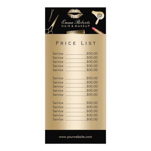 Prijslijst | Makeup kunstenaar Gold Foil Beauty Sa Reclamekaart (Voorkant)