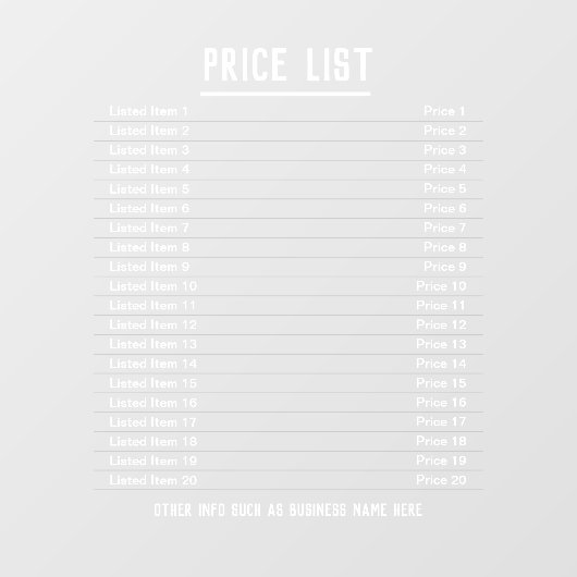 Prijslijst. Maximaal 20 objecten en prijzen op een Raamsticker (Vel)