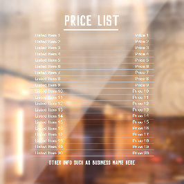 Prijslijst. Maximaal 20 objecten en prijzen op een Raamsticker