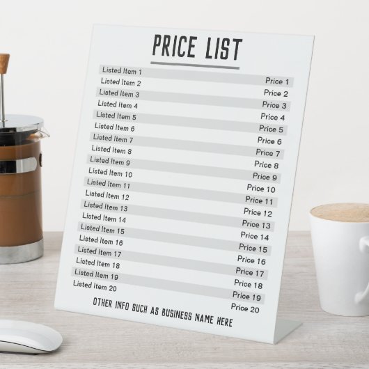 Prijslijst. Maximaal 20 objecten en prijzen op een Reclamebord Met Voetstuk (Insitu)