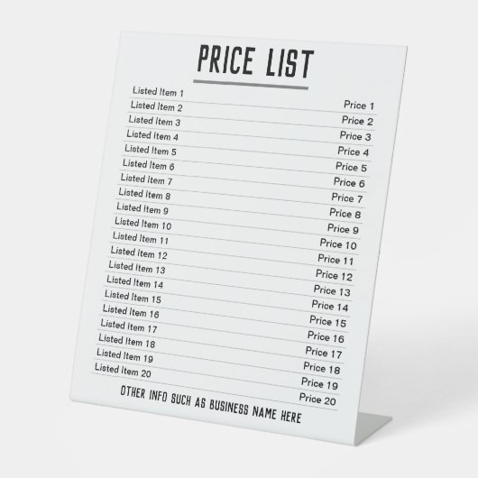 Prijslijst. Maximaal 20 objecten en prijzen op een Reclamebord Met Voetstuk (Voorkant)