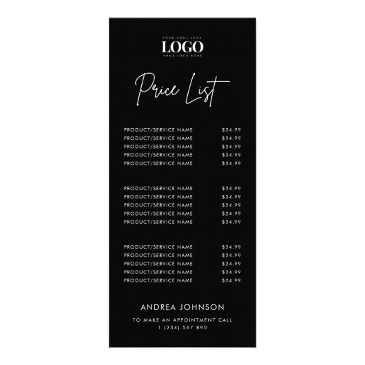 Prijslijst met logo minimalistische zwarte-Script- Reclamekaart (Voorkant)