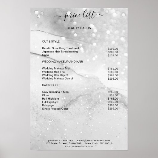 Prijslijst met moderne zilver Glitter Salon Poster (Voorkant)