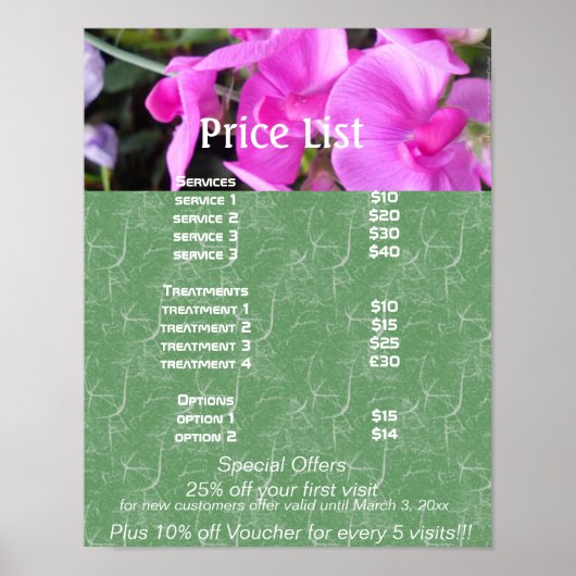 Prijslijst met roze bloemen Reiki Ingevroren servi Poster (Voorkant)