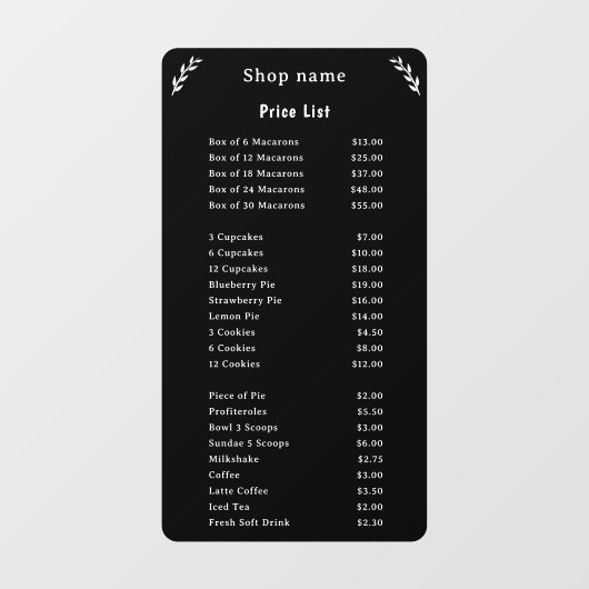 Prijslijst op Black Window Cling Raamsticker (Vel)