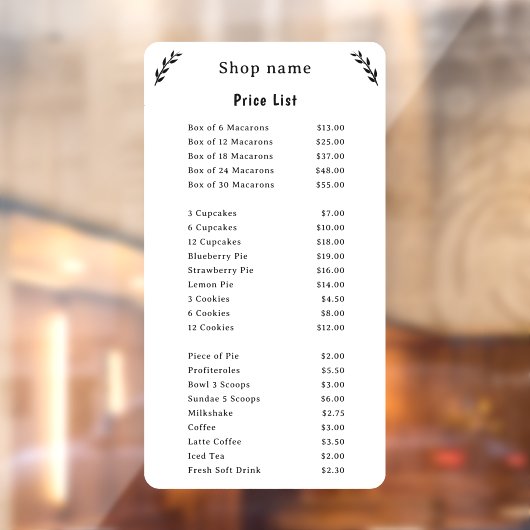 Prijslijst op witte raamfolie raamsticker (Vel 2)