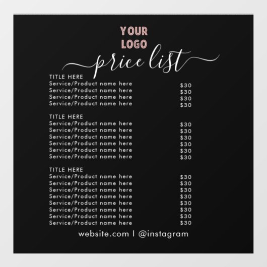 PRIJSLIJST| Openingstijden voor zakelijke Logo Raamsticker (Vel)