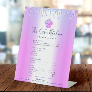 Prijslijst Paarse cupcake Glitter Drip Bakery Menu Reclamebord Met Voetstuk