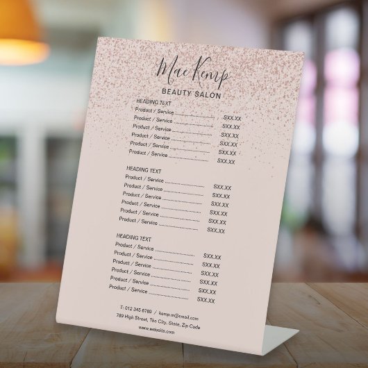 Prijslijst roos Gold Glitter Service Menu Reclamebord Met Voetstuk