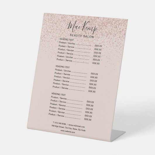 Prijslijst roos Gold Glitter Service Menu Reclamebord Met Voetstuk (Voorkant)