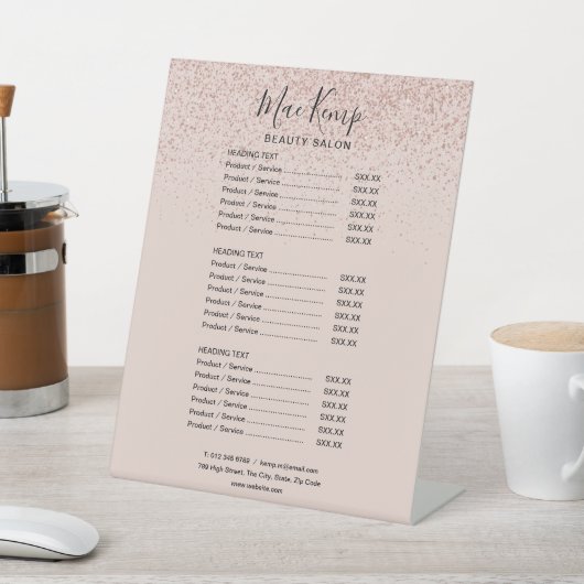 Prijslijst roos Gold Glitter Service Menu Reclamebord Met Voetstuk (Insitu)