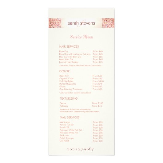 Prijslijst roze Confetti Glitter Salon Reclamekaart (Voorkant)