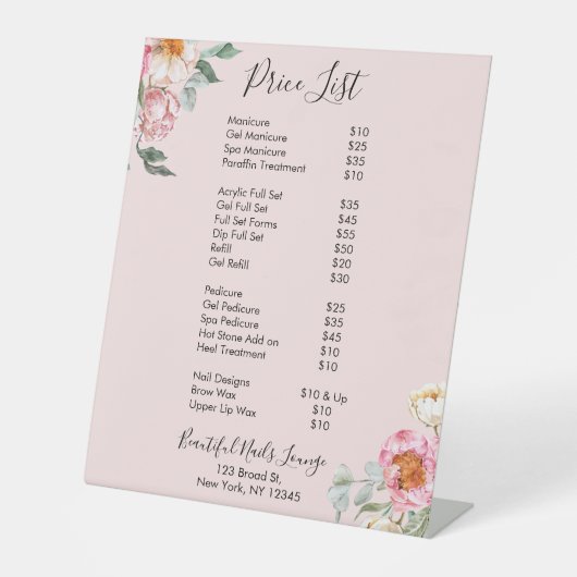 Prijslijst roze Floral Nail Prijs Menu Pedestal Reclamebord Met Voetstuk (Voorkant)