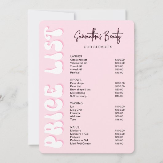 Prijslijst roze moderne schoonheidslash (Voorkant)