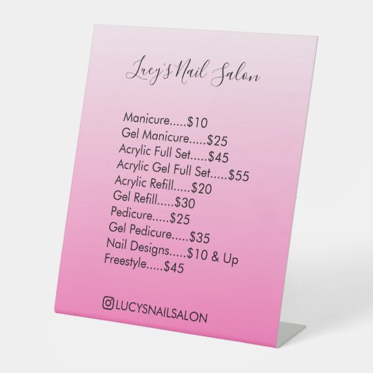 Prijslijst roze ombre nail reclamebord met voetstuk (Voorkant)