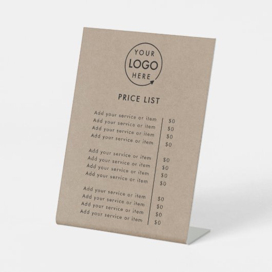 Prijslijst | Rustic Kraft Logo Business Modern Reclamebord Met Voetstuk (Voorkant)
