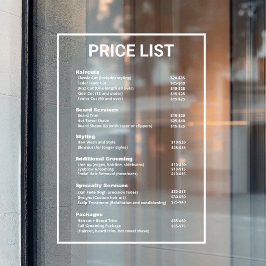 Prijslijst service menu herenkapper kapper  raamsticker