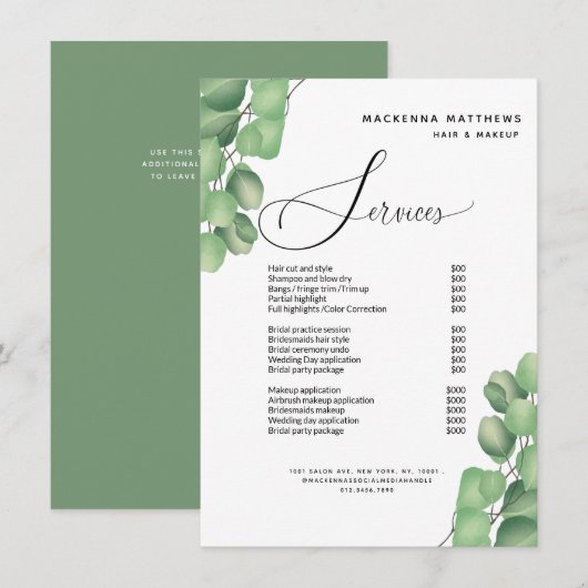 Prijslijst Service Menu Modern Foliage Hair Salon (Voorkant / Achterkant)