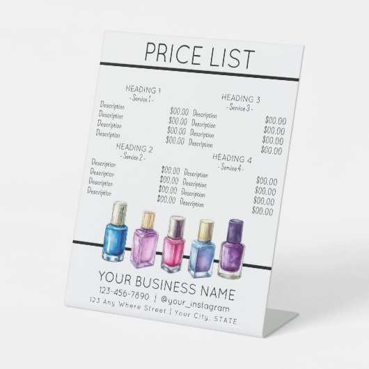 Prijslijst service menu Nagelsalon nagellak Reclamebord Met Voetstuk (Voorkant)