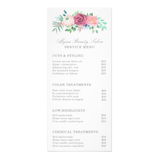 Prijslijst van de service menu van Pink Floral Bea (Voorkant)