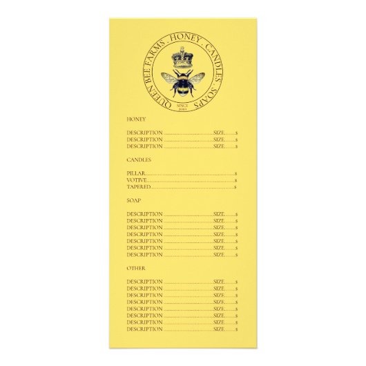 Prijslijst van gouden honingbijen reclamekaart (Voorkant)