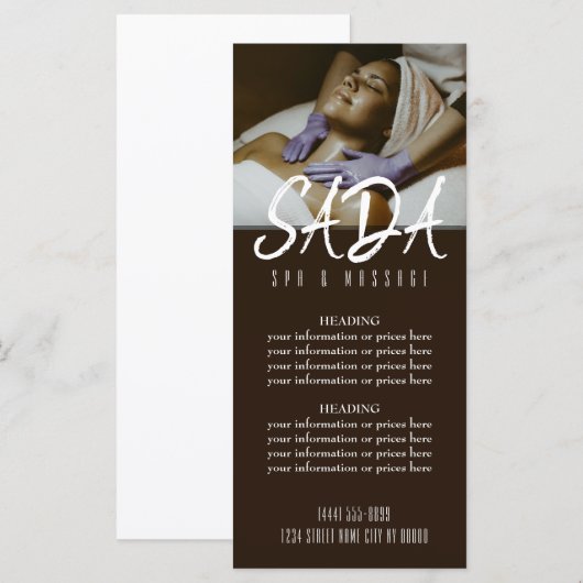 Prijslijst van het massagemenu Spa Salon Menu (Voorkant / Achterkant)