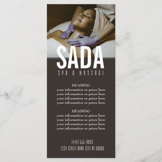 Prijslijst van het massagemenu Spa Salon Menu (Voorkant)