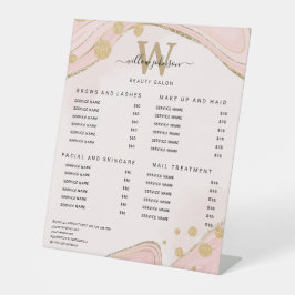 Prijslijst van legant monogram roze goudmarmer reclamebord met voetstuk