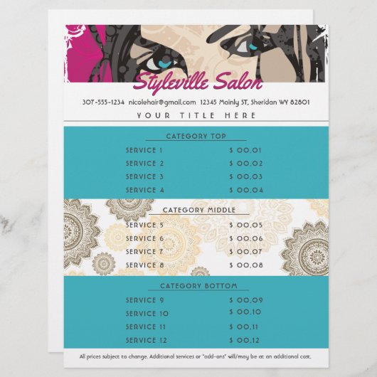 Prijslijst van tekenaar met speciale stijl schoonh briefhoofd (Voorkant / Achterkant)