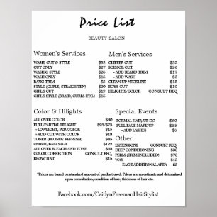 Prijslijst Vintage Schoonheidssalon Poster