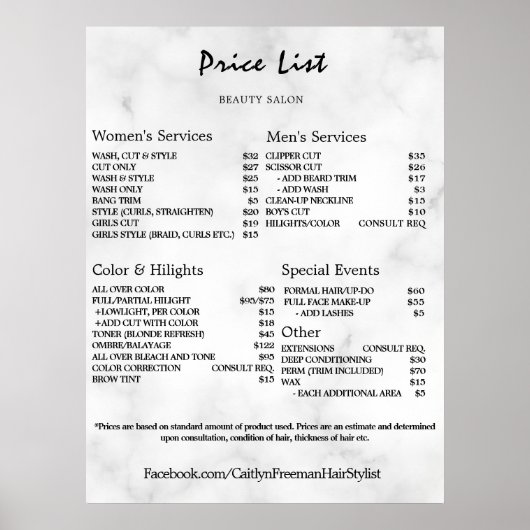 Prijslijst Vintage Schoonheidssalon Poster (Voorkant)
