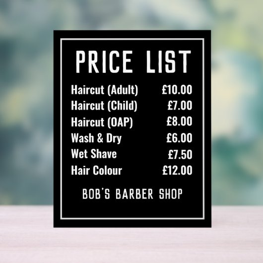 Prijslijst voor Barber-winkels Acryl Bord (Neutraal)