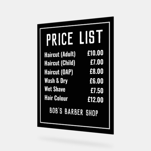 Prijslijst voor Barber-winkels Acryl Bord (Hoek)