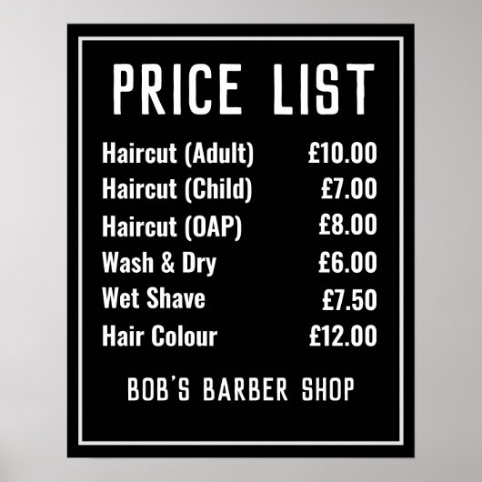 Prijslijst voor Barber-winkels Poster (Voorkant)