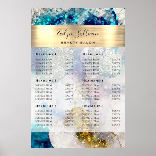 Prijslijst voor blauwe zilverglitter waterverf poster (Voorkant)