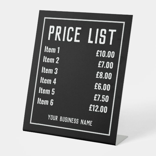 Prijslijst voor detailhandel reclamebord met voetstuk (Voorkant)