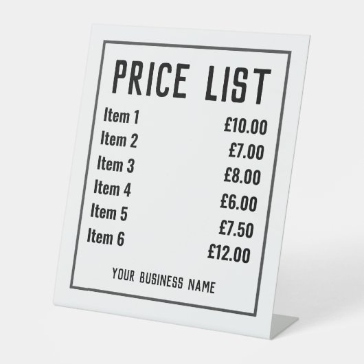 Prijslijst voor detailhandel reclamebord met voetstuk (Voorkant)