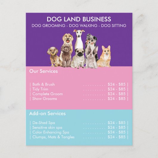 Prijslijst voor Dog Grooming paarse blauw Roze Flyer (Voorkant)
