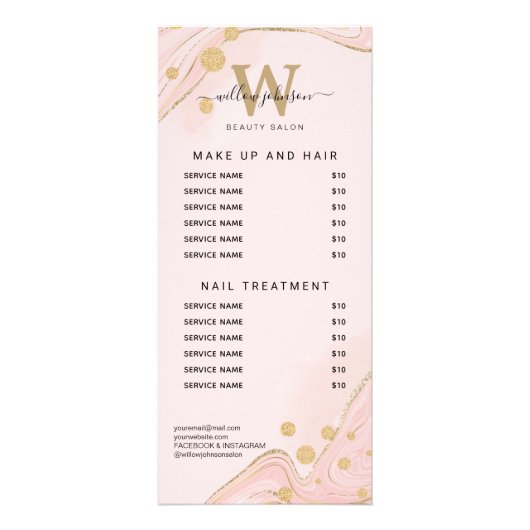 Prijslijst voor Elegant roze goudmarmer Agate Serv Reclamekaart (Achterkant)