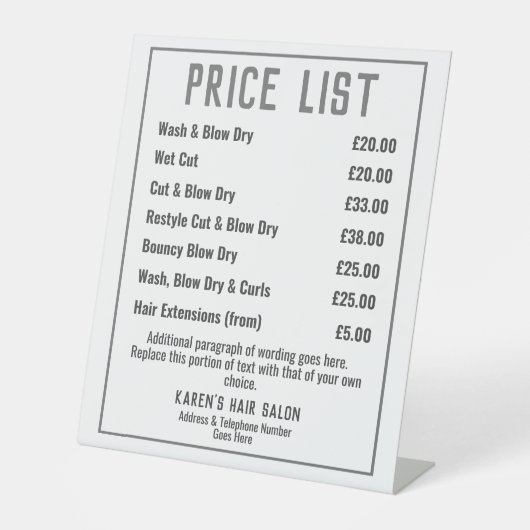 Prijslijst voor hairdresser Hair Salon Reclamebord Met Voetstuk (Voorkant)