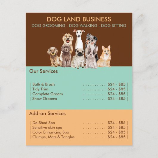 Prijslijst voor Hond Grooming bruin groen geel Flyer (Voorkant)