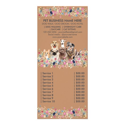 Prijslijst voor honden reclamekaart (Achterkant)