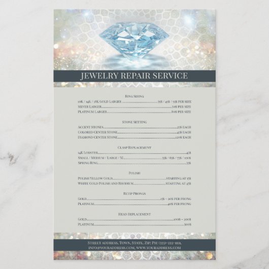 Prijslijst voor juwelen reparatie met mousserende  flyer (Voorkant)