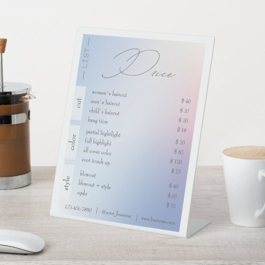 Prijslijst voor pasta-gradiënt schoonheidssalon reclamebord met voetstuk (Insitu)