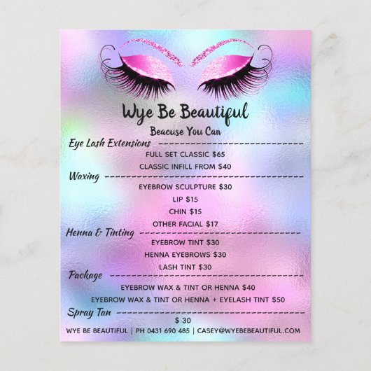 Prijslijst voor wimpers glitter make-up artiest Bl Flyer (Achterkant)