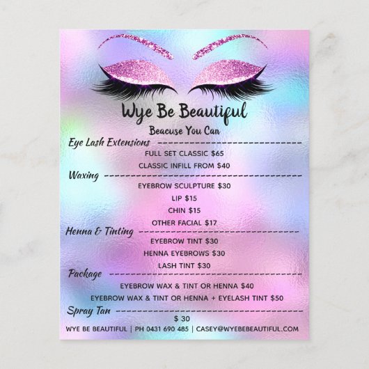 Prijslijst voor wimpers glitter make-up artiest Bl Flyer (Achterkant)