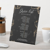 Prijslijst voor zwarte en gouden knoeiboes reclamebord met voetstuk (Insitu)