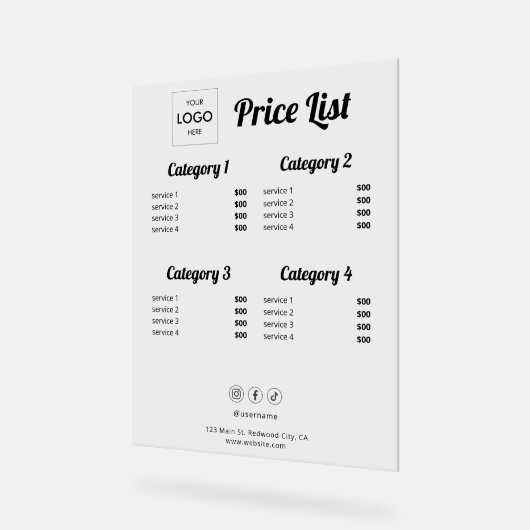 Prijslijst Zakelijk Logo Acryl Acryl teken Acryl Bord (Hoek)